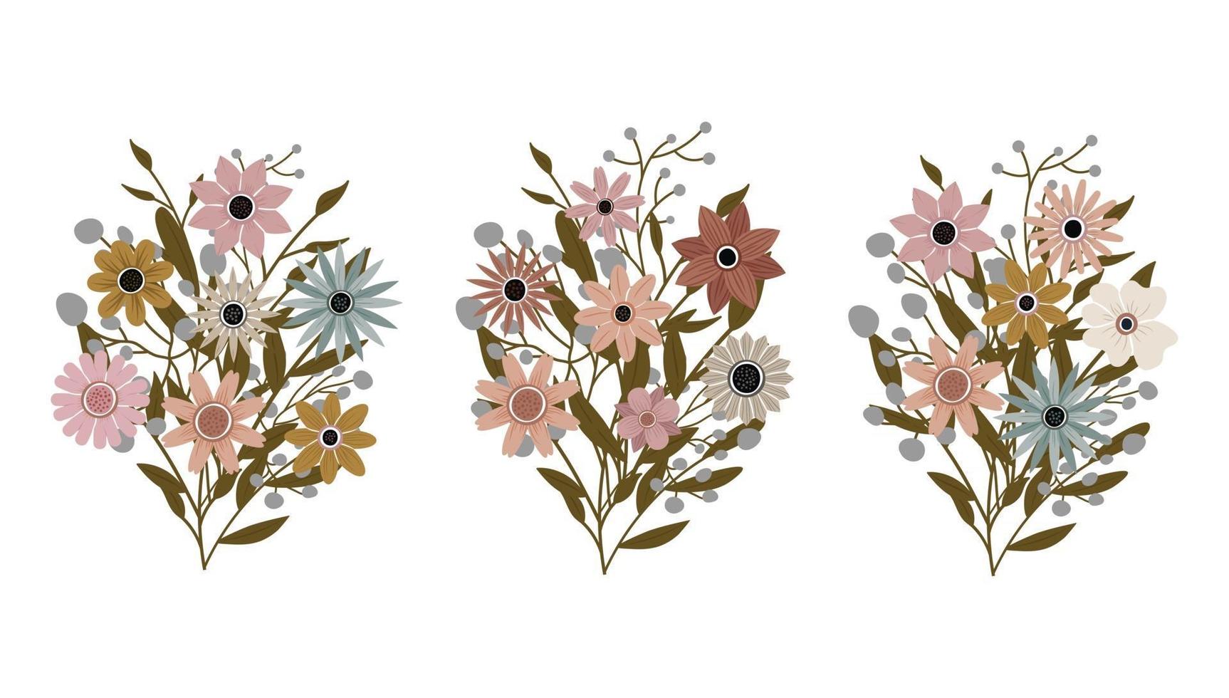 un ramo de diferentes flores silvestres con hojas. plantas con flores vector