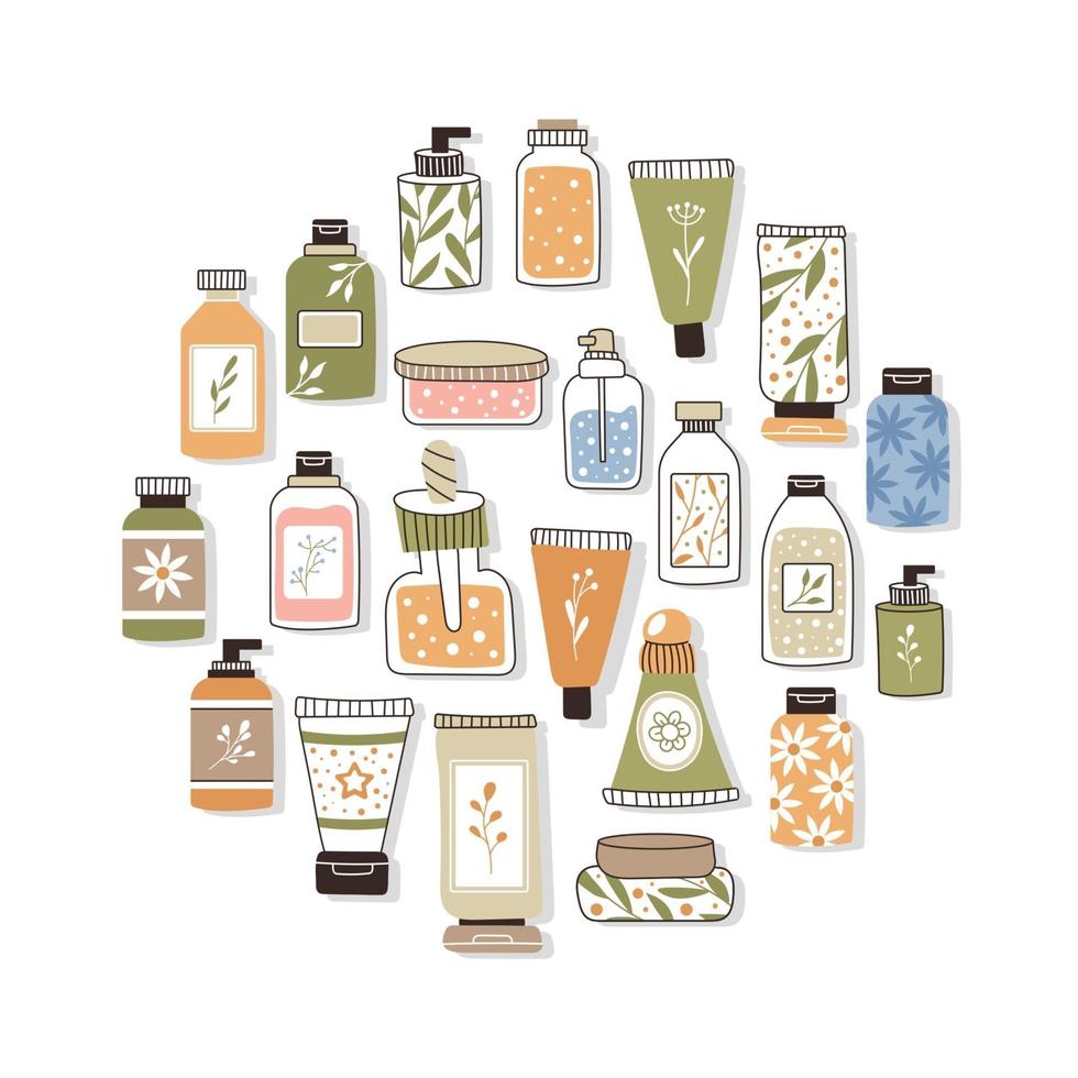 Pattern with organic cosmetics. A set of bottles and tubes, jars vector