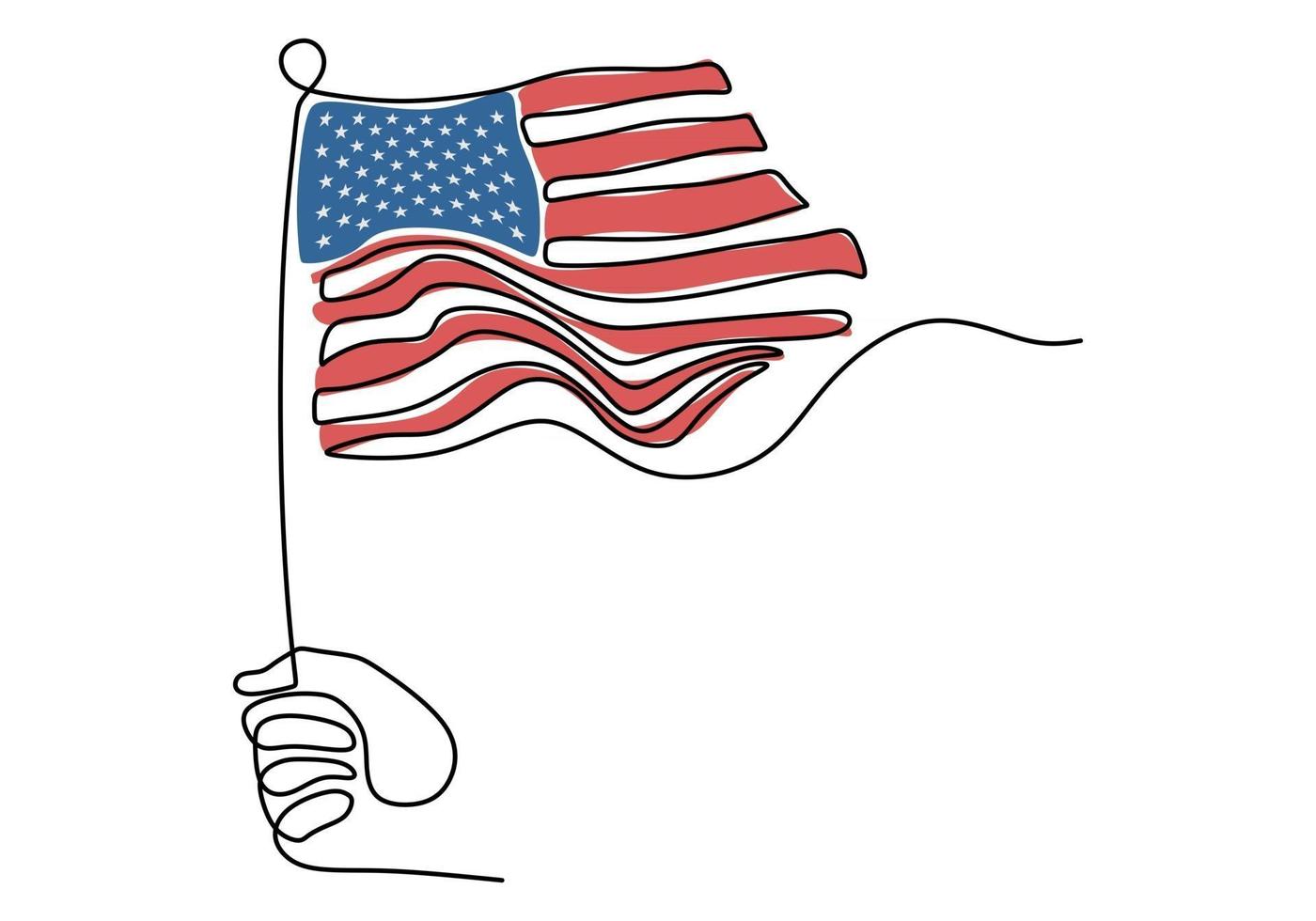 One continuous single line drawing of hand holding American flag vector