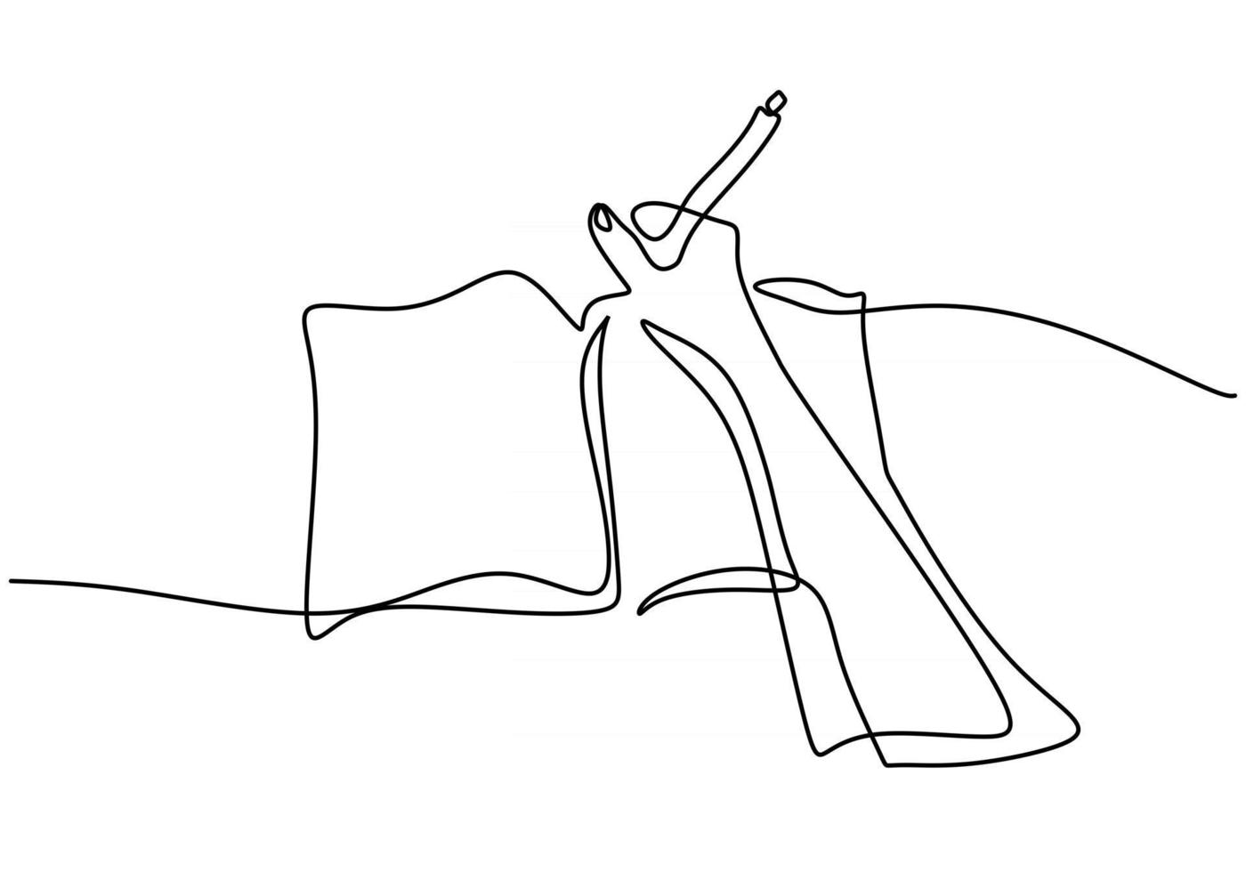 Single continuous line drawing of hand gesture writing on an open book vector