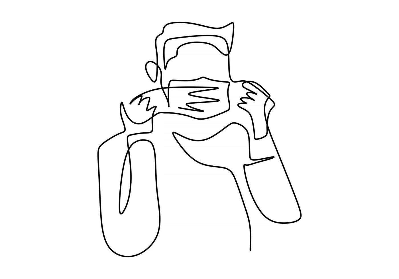 Continuous line drawing of young man wearing surgical mask vector