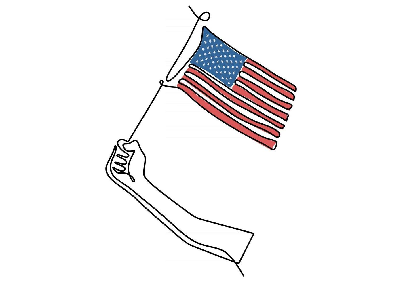 One continuous single line drawing of hand holding American flag vector