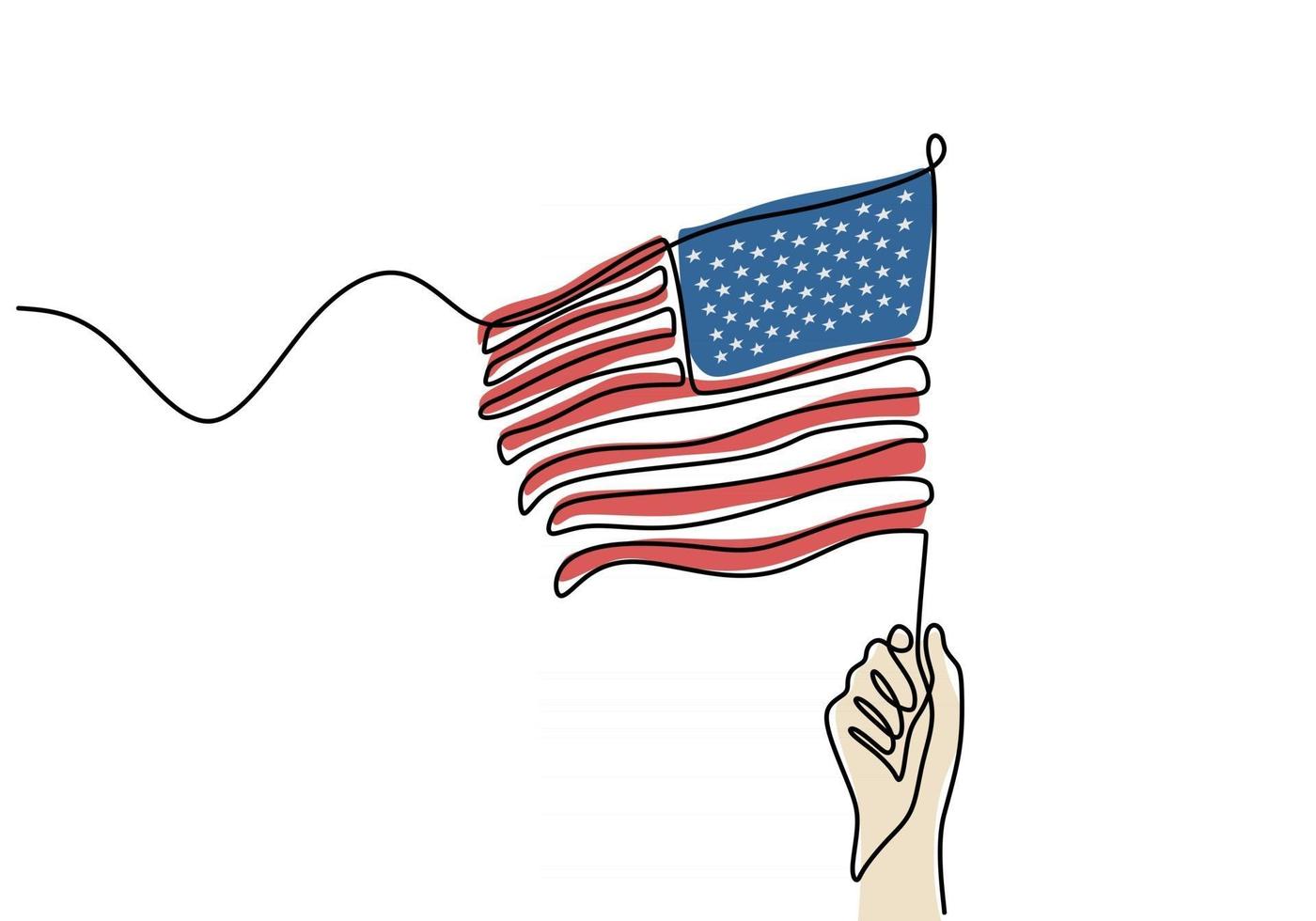 One continuous single line drawing of hand holding American flag vector