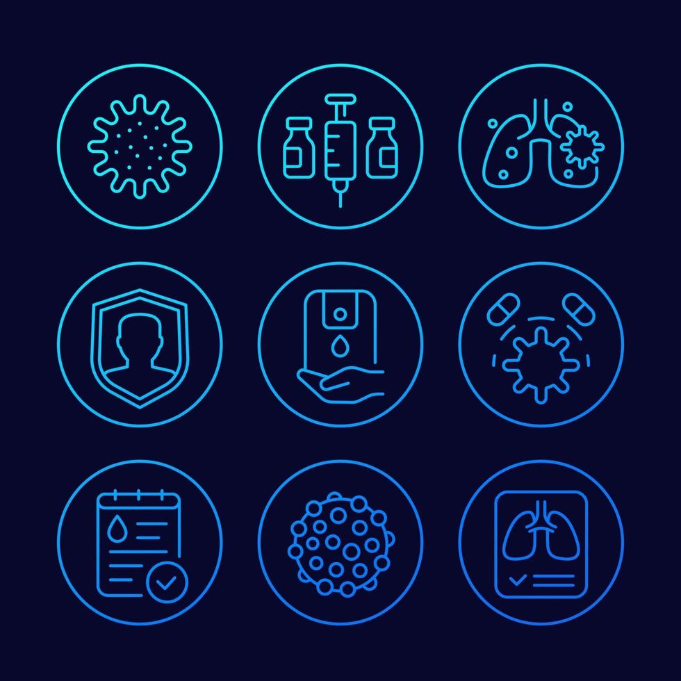 virus, covid 19 and pneumonia line icons set vector