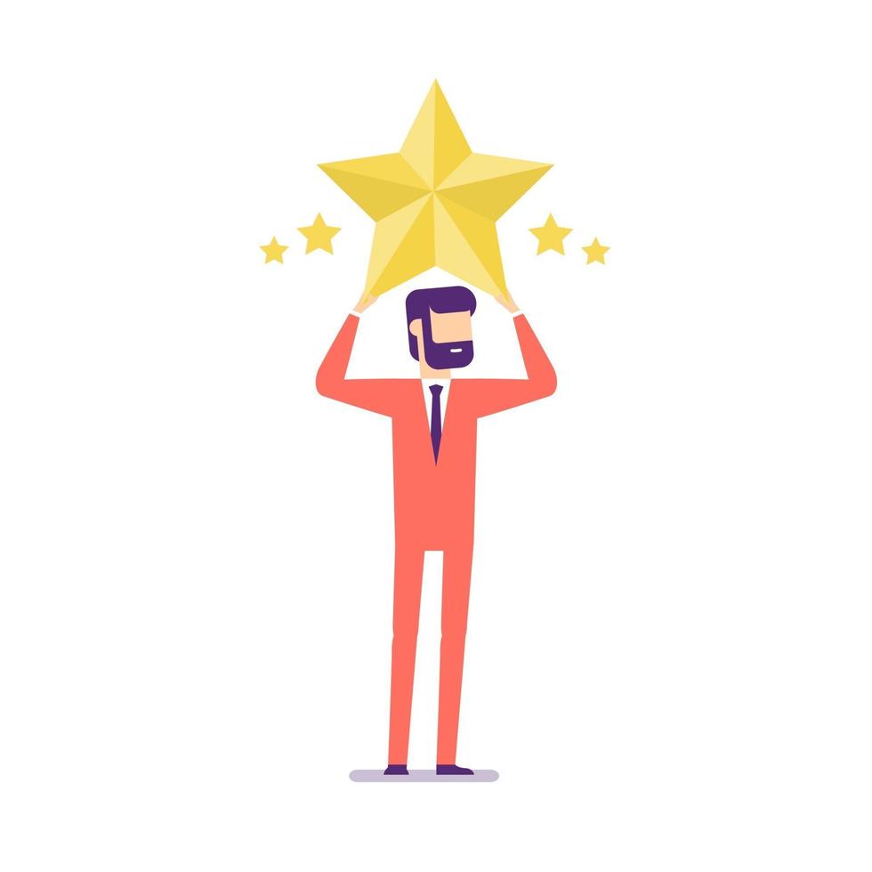 El empresario sostiene una gran estrella dorada. victoria, calificación. vector