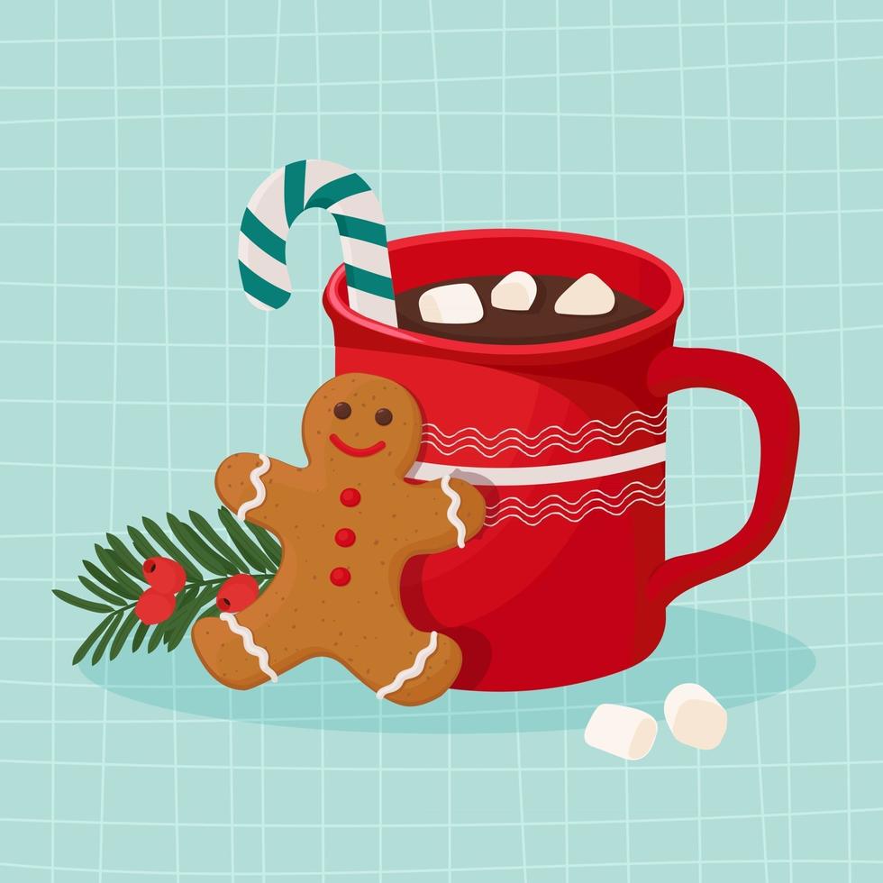 Hot chocolate with marshmallow and gingerbread cookie vector