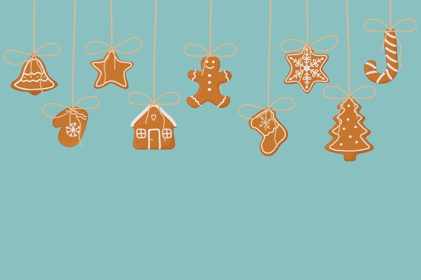 Hanging gingerbread cookies on blue background. Christmas template vector