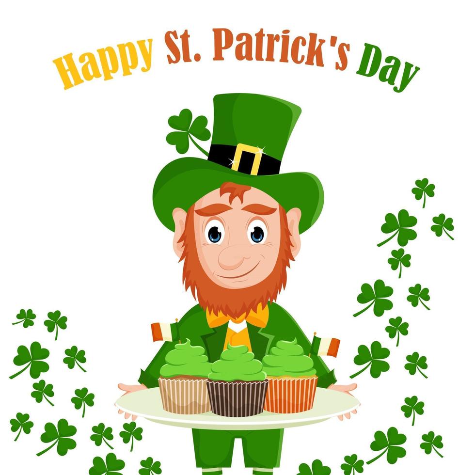 Cartoon leprechaun with cupcakes. Illustration for St. Patrick's Day vector