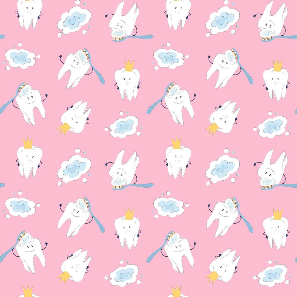 Seamless pattern with cute characters teeth on a pink background. vector
