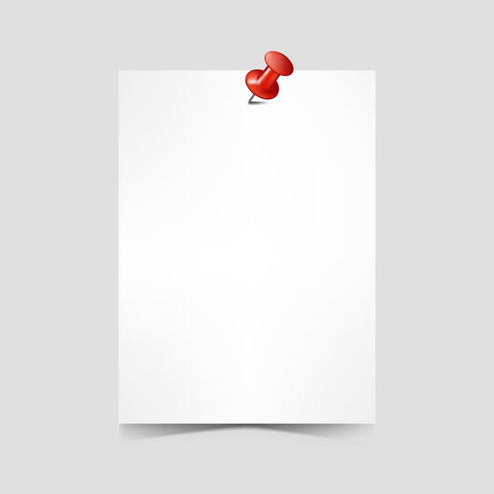 White blank paper page with push pin. A4 size sheet paper. vector