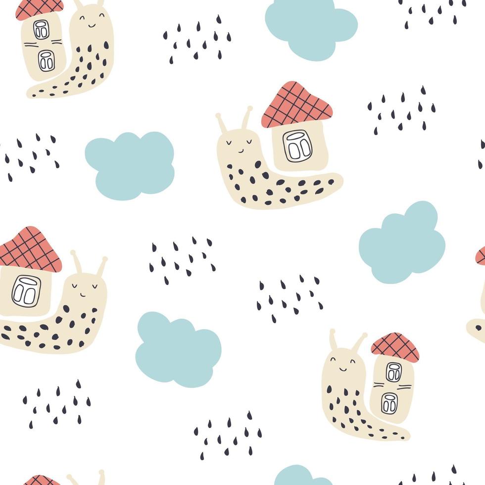 Multi-color seamless pattern of snails and rainy clouds vector