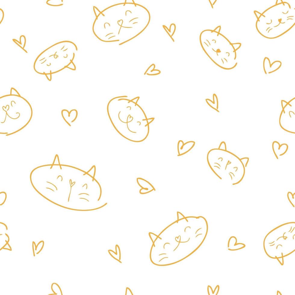 Free hand drawn vector seamless pattern of cat muzzles and hearts