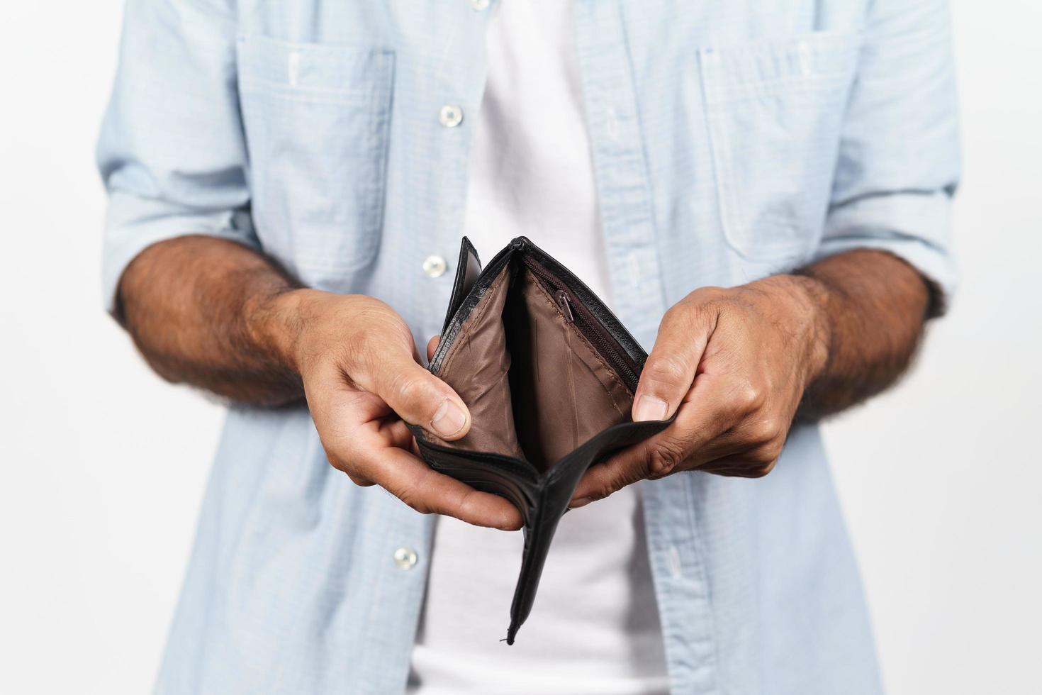 Close up of man hands holding and empty wallet. no money. photo