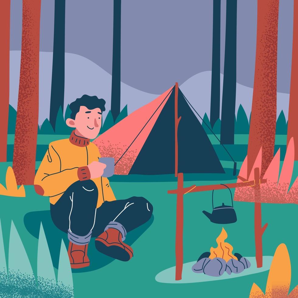 A Man Bushcrafting at Forest vector