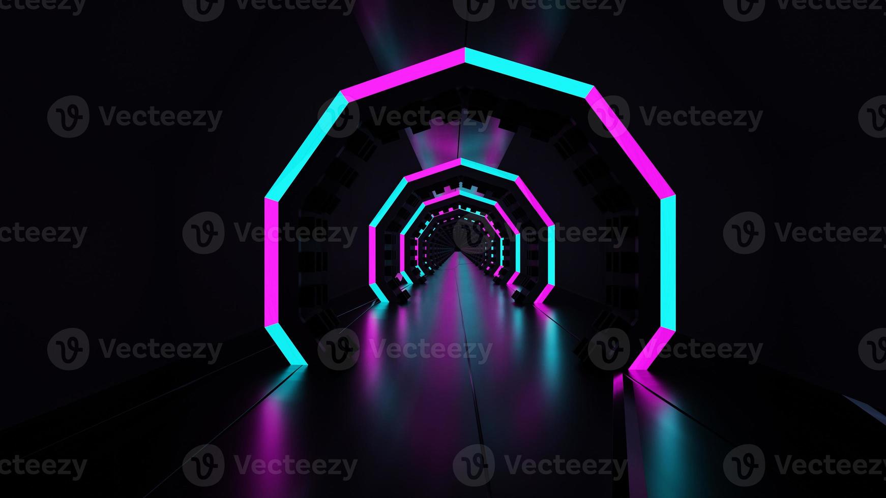 Representación 3d túnel de neón oscuro luminoso azul rosa abstracto luz led foto