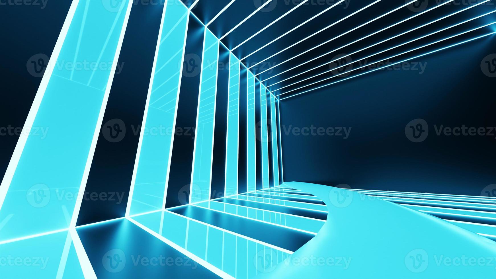 Representación 3D, líneas abstractas de neón azul foto