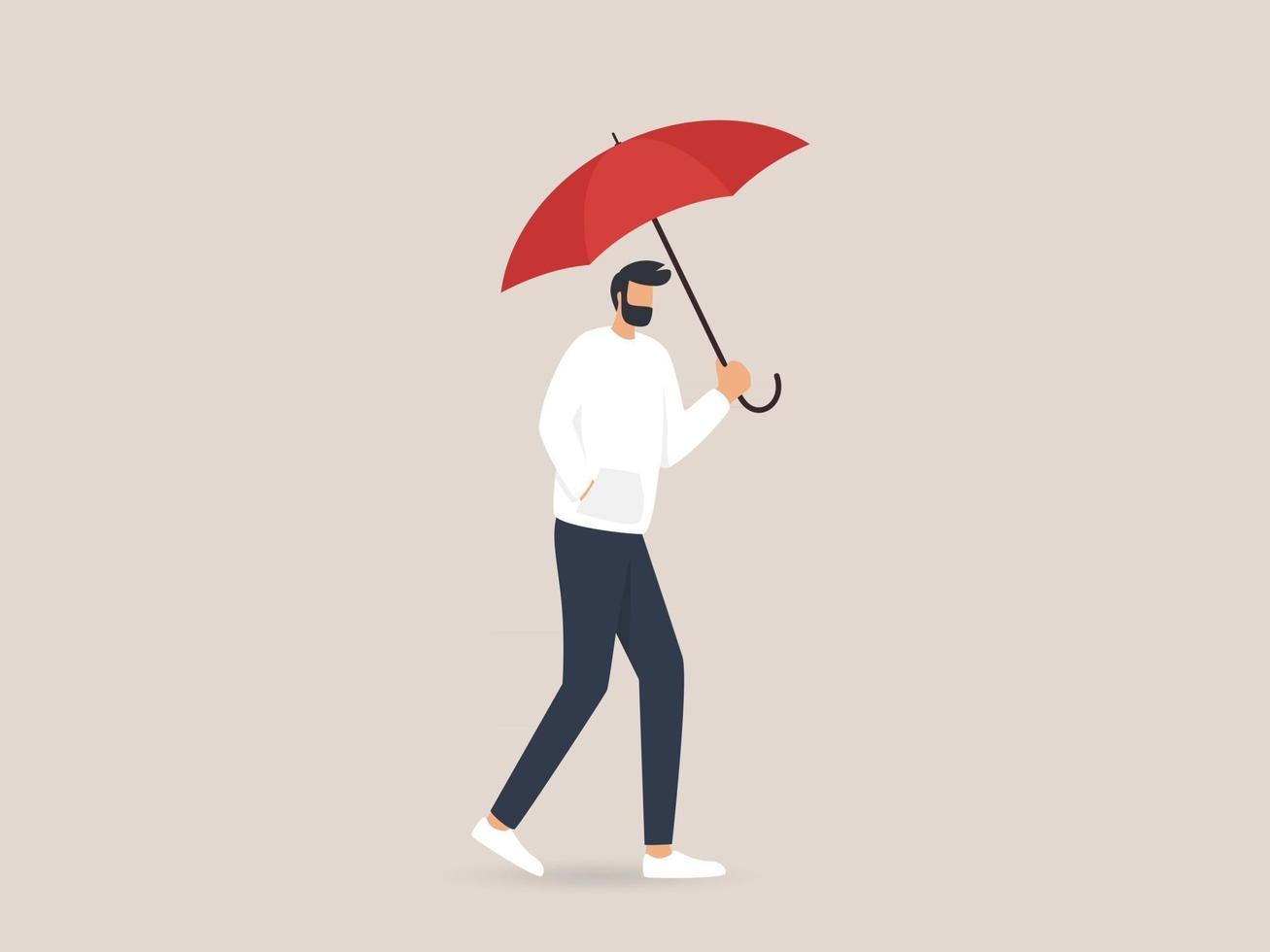 Man holding an umbrella walking under the rain vector