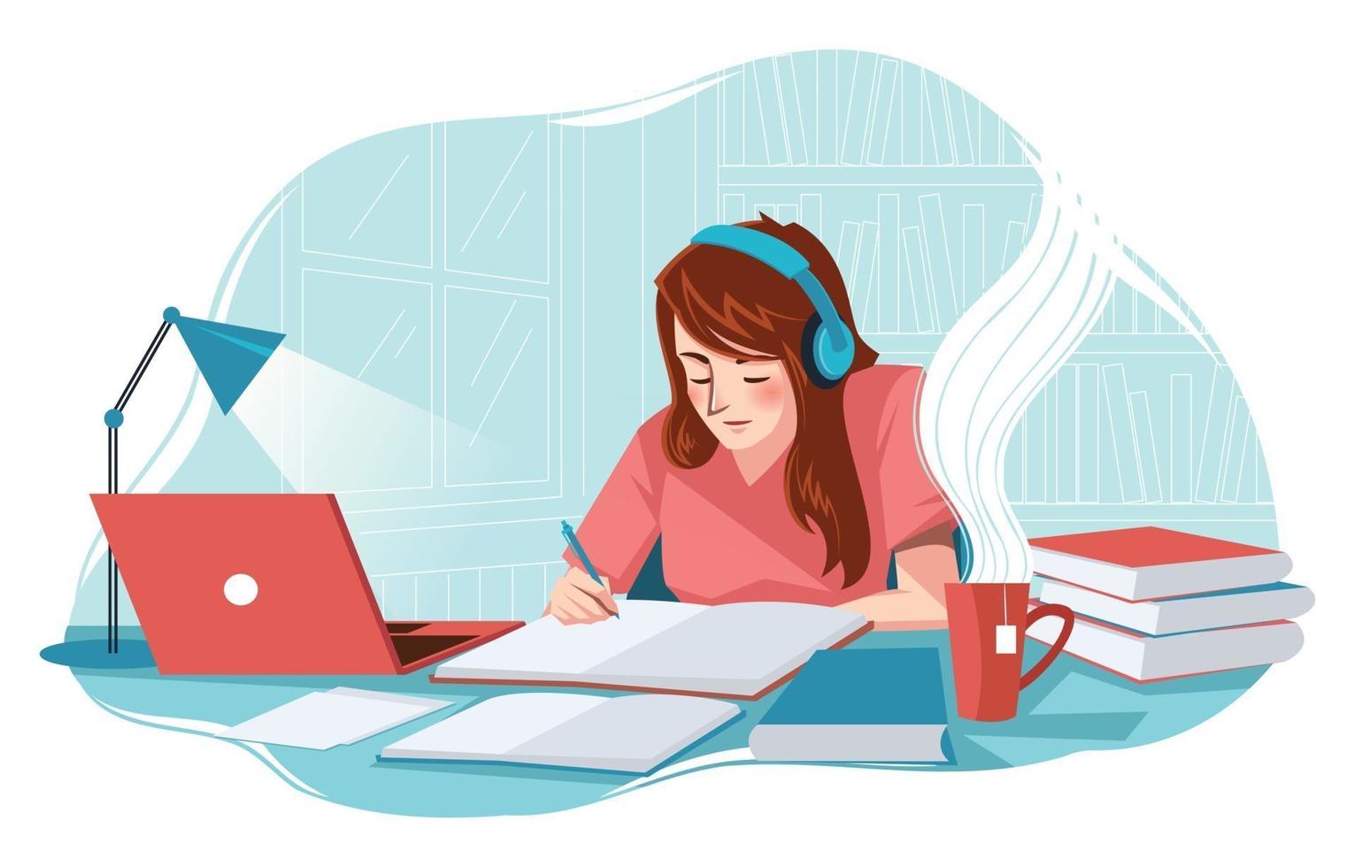 Young Girl Studying at Her Room Concept vector