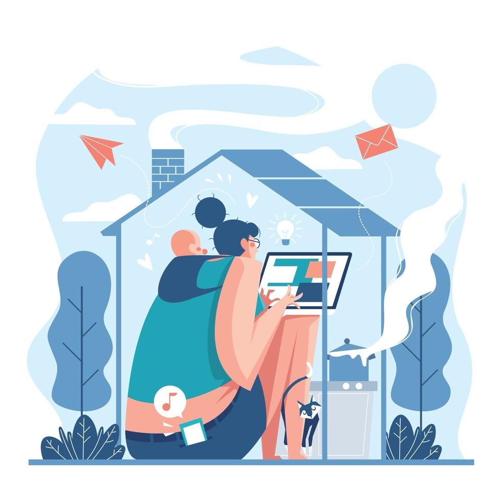 Working from Home Concept with Mother and Baby vector