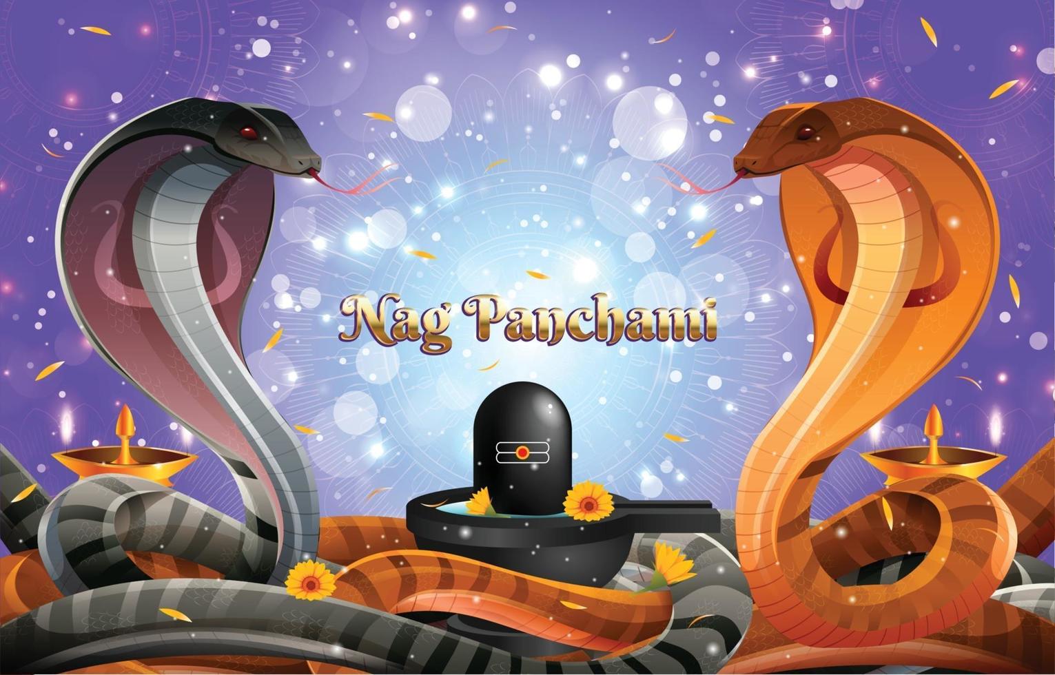 fondo nag panchami con king cobra y lingam vector