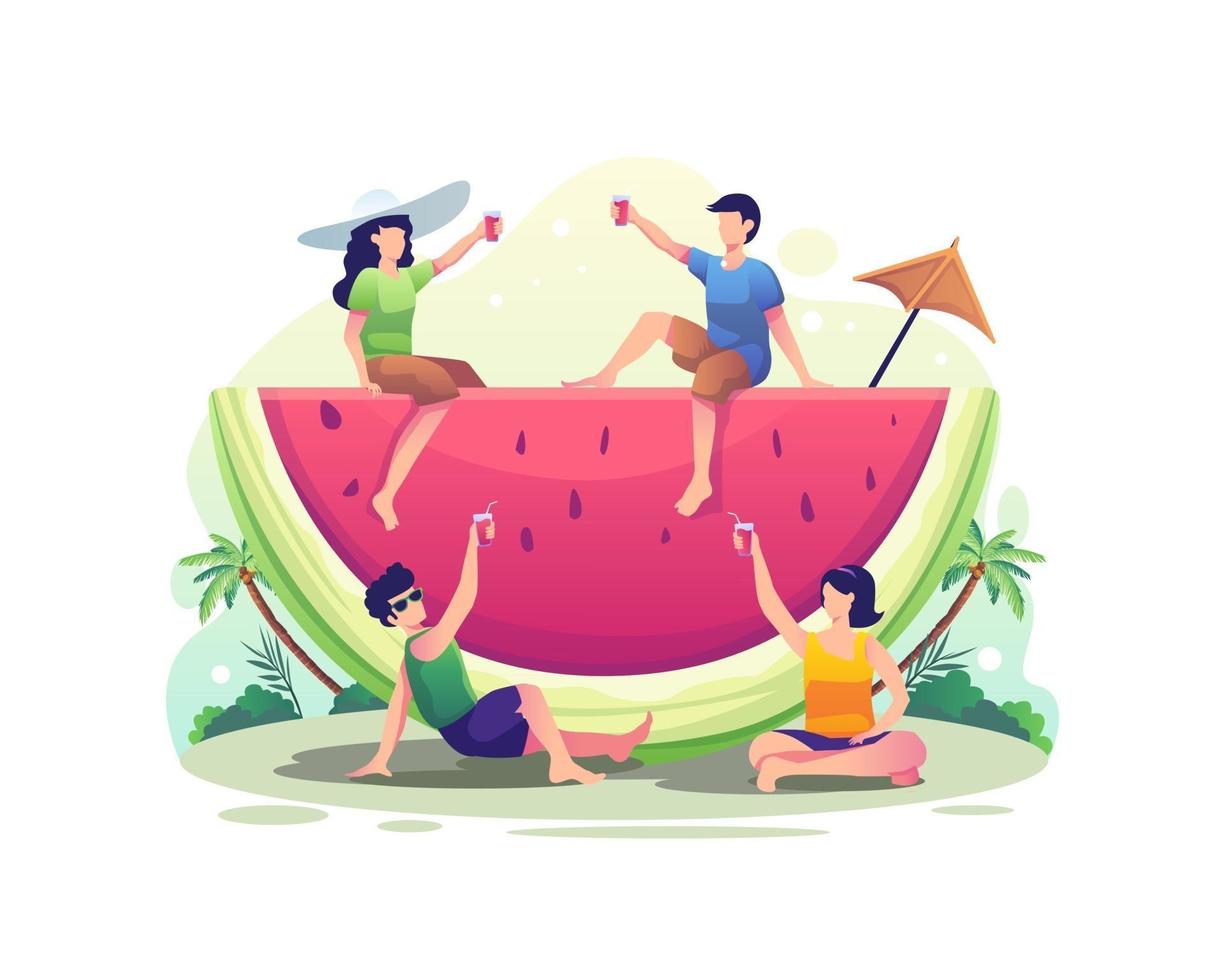 People relaxing while drinking watermelon juice in summer illustration vector