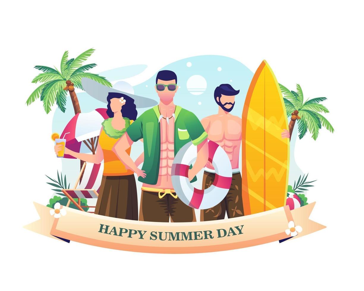 gente celebrando el día de verano en la playa. ilustración del día de verano vector