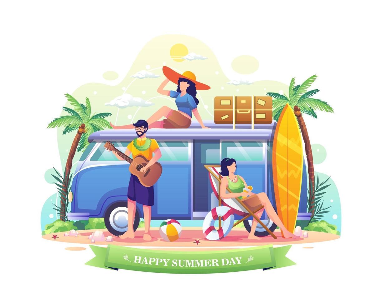 gente disfrutando de las vacaciones durante la ilustración de verano vector