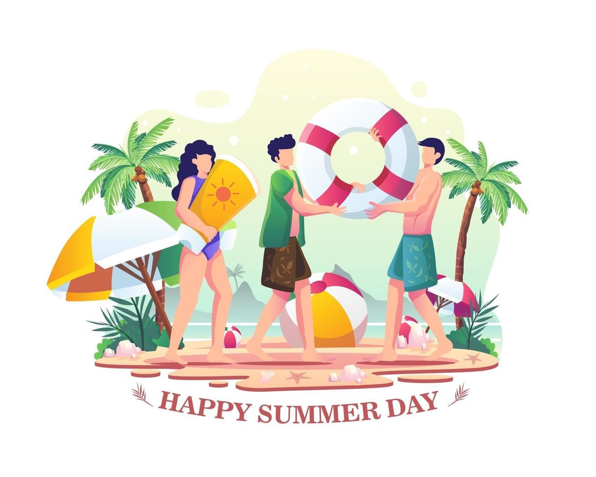 Happy Summer Day. People enjoying summer on the beach illustration vector