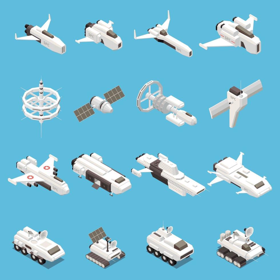 Space Ship Isometric Icons Set Vector Illustration