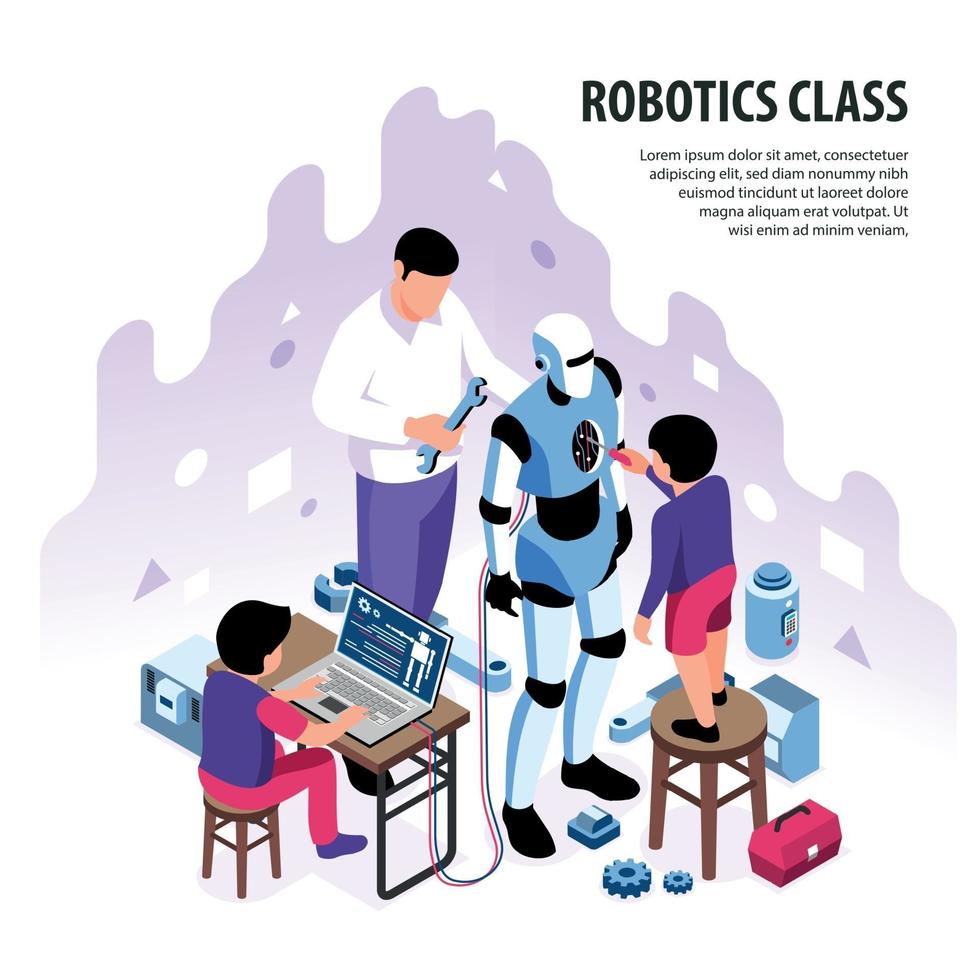Isometric Robotics Workshop Background Vector Illustration
