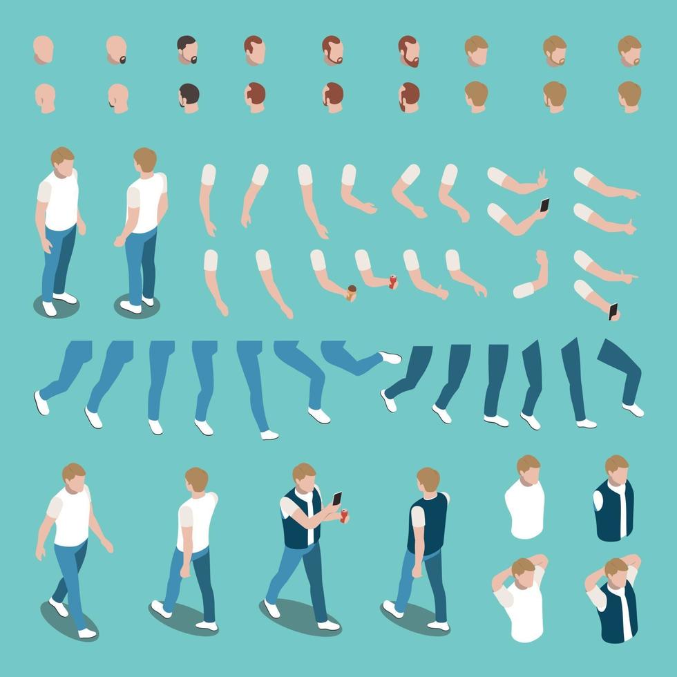 Isometric Male Character Constructor Set Vector Illustration