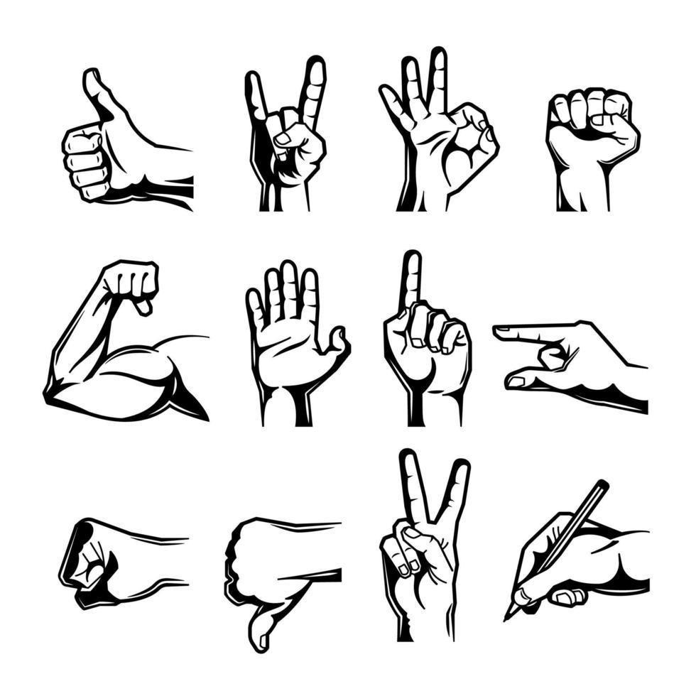 Hand Wrist Gesture Black Engraving Icon Set Vector Illustration