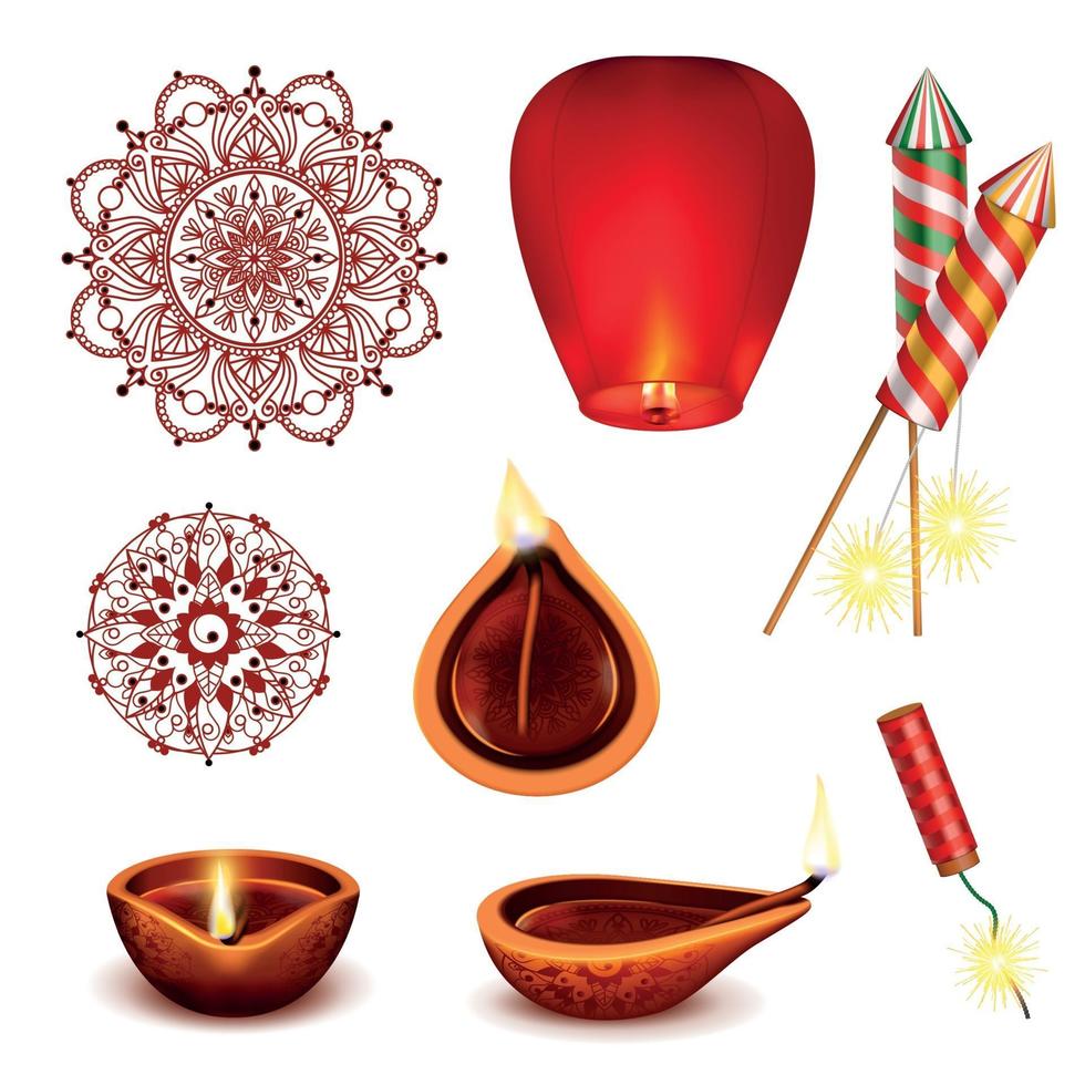 Diwali Realistic Accessories Set Vector Illustration