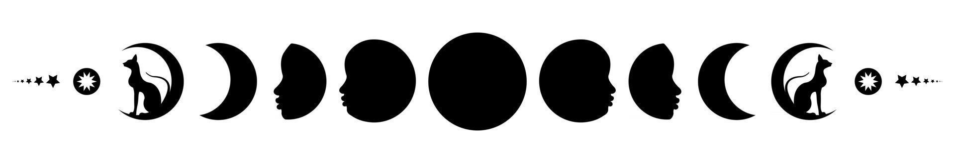 Phases of the moon. Triple moon and black cats, pagan Wiccan symbol vector