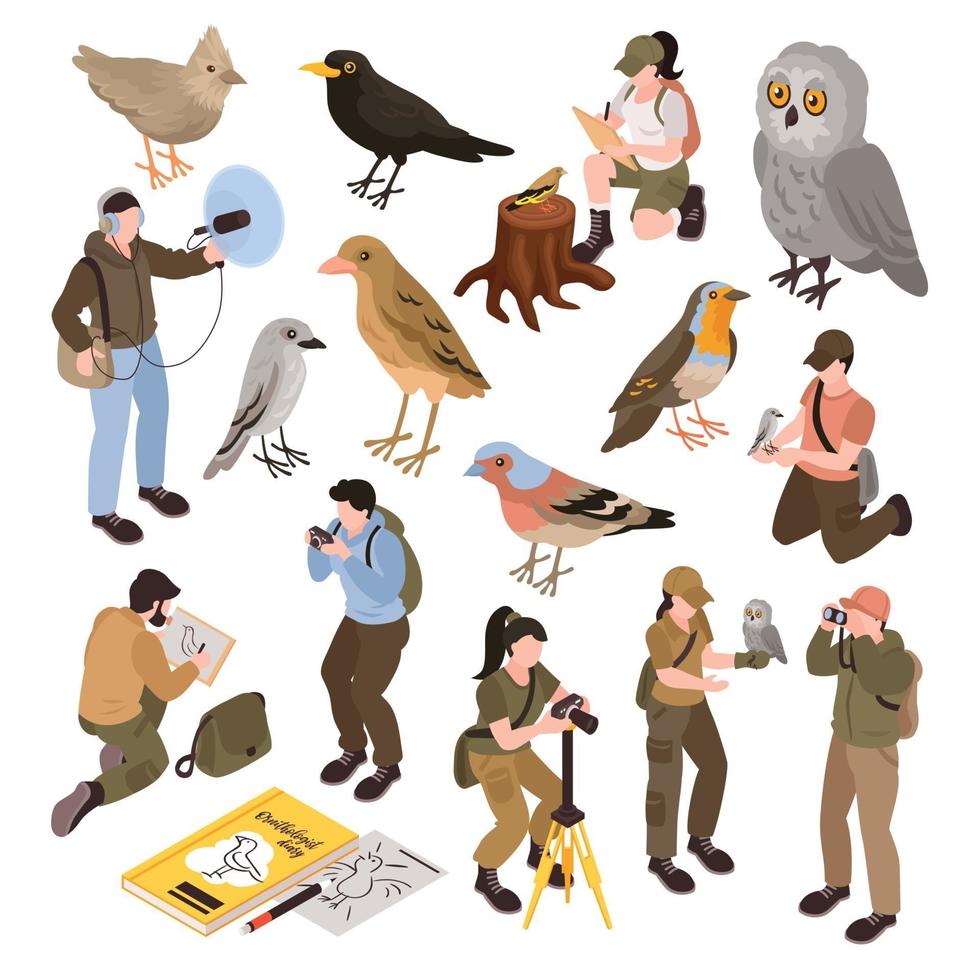 Ornithologist Isometric Set Vector Illustration