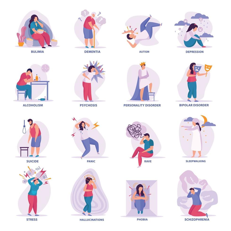 Mental Disorders Flat Icons Vector Illustration