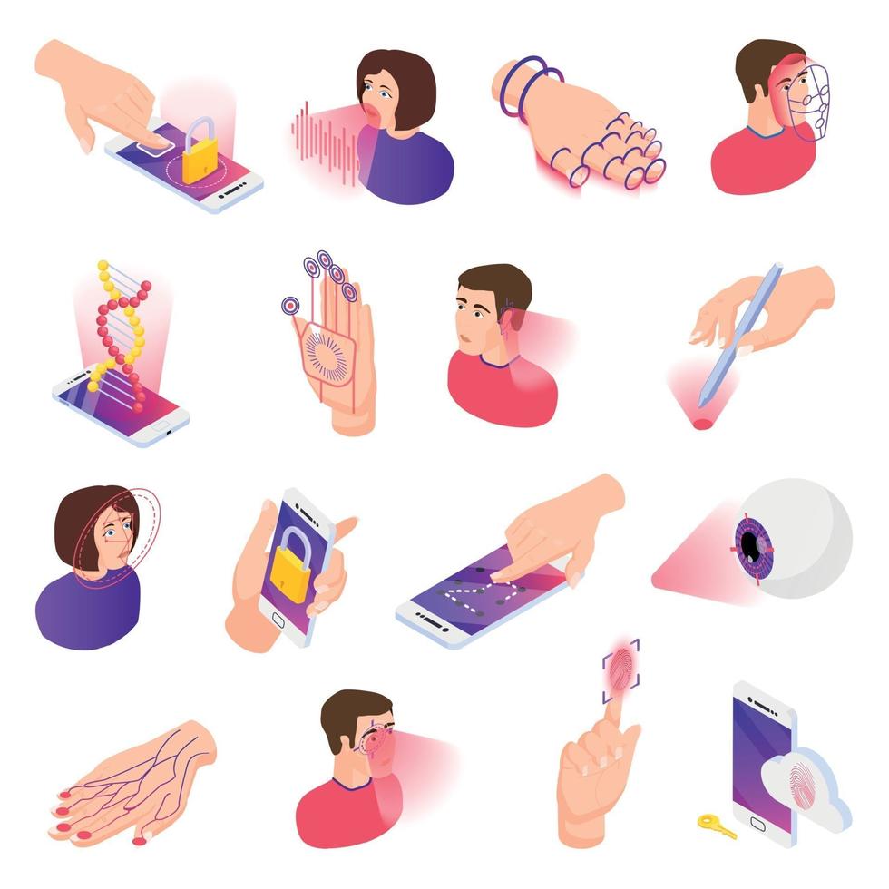 Isometric Biometrics Icons Collection Vector Illustration