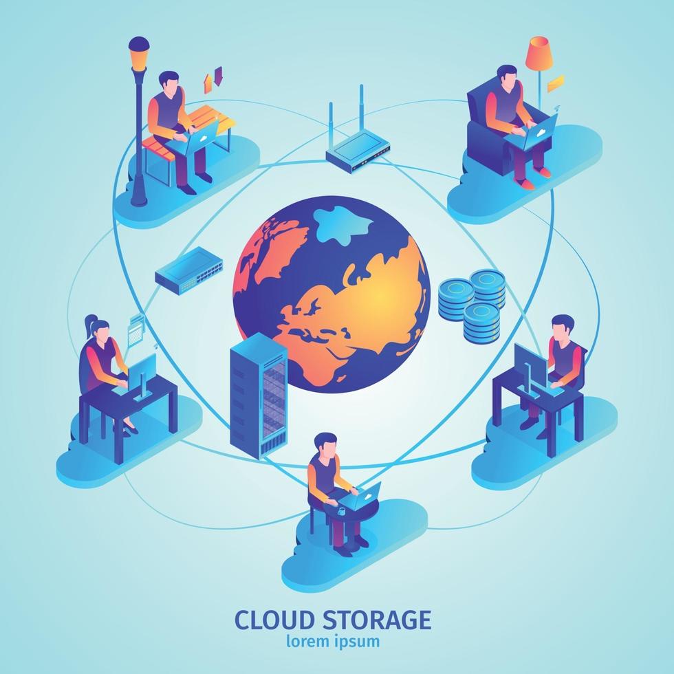 Ilustración de vector de composición isométrica de almacenamiento en la nube