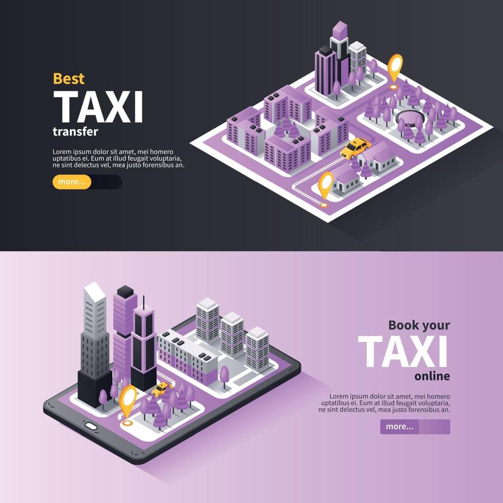 Ilustración de vector de banners de navegación de la ciudad de taxi