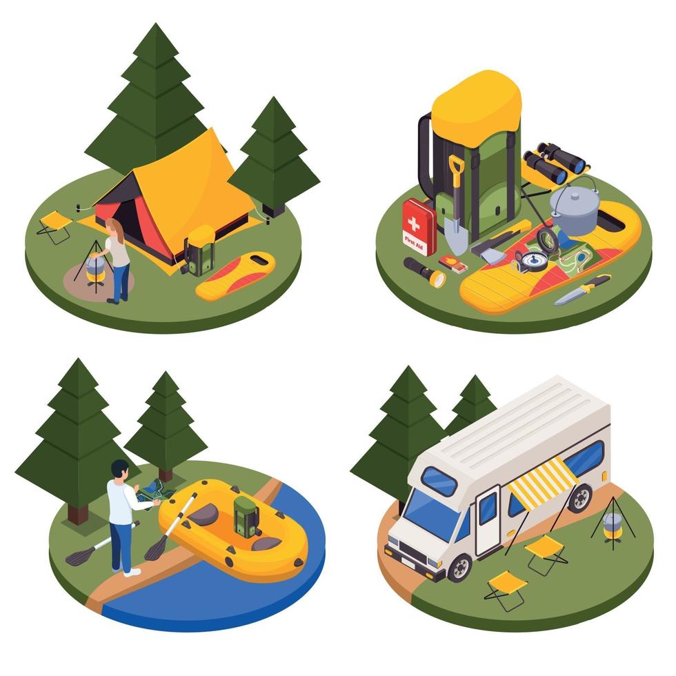 Isometric Camping Compositions Set Vector Illustration