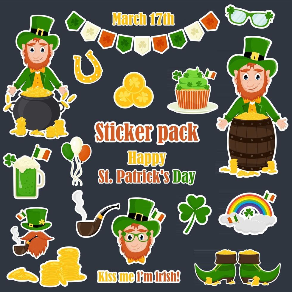 un juego de pegatinas para st. día de San Patricio. estilo de dibujos animados. vector