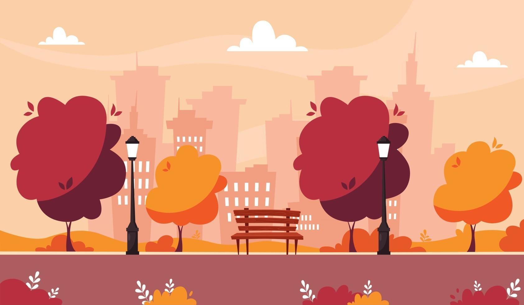 Autumn park with bench, trees and bushes on city background vector