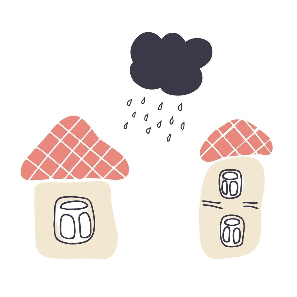 Hand drawn vector illustration of two cute houses and rainy cloud