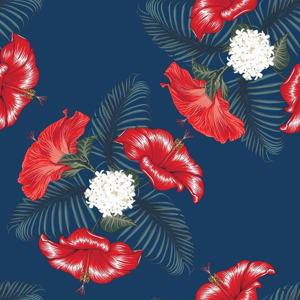 Seamless floral pattern red Hibiscus flowers background. vector