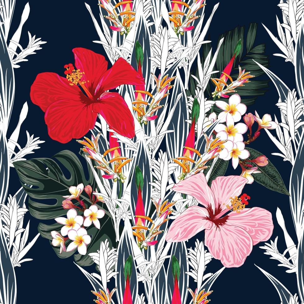 Seamless floral pattern leaves and Hibiscus flowers background. vector