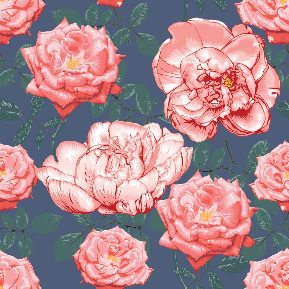 Seamless pattern botanical pink rose flowers on abstract background. vector