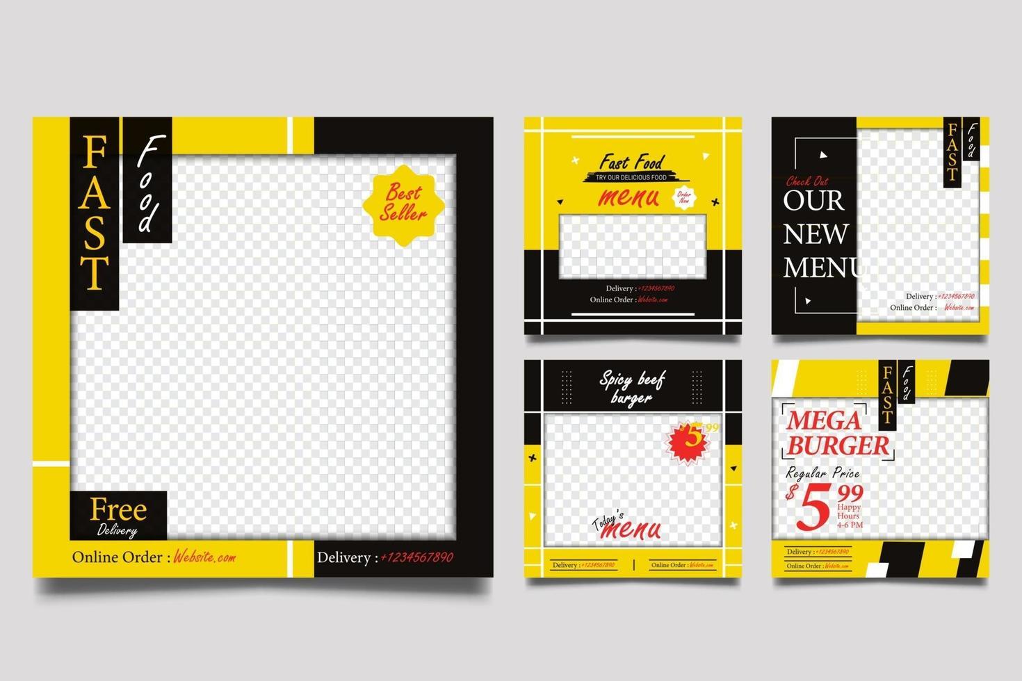 Fast food Promo Square Banner Templates set with yellow and black background. vector