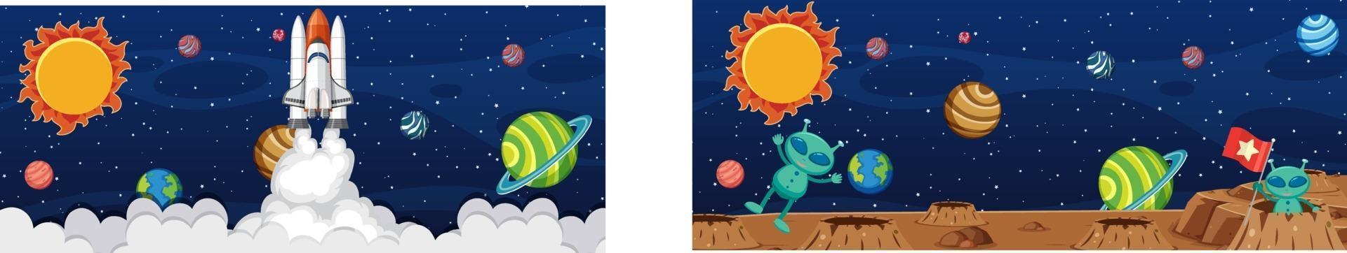 Dos extraterrestres en la escena de la galaxia con muchos planetas. vector