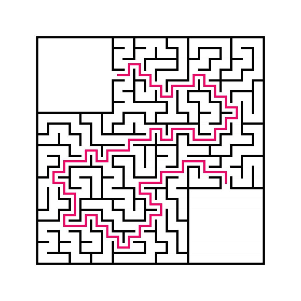 Black square maze with entrance and exit. An interesting and useful game for children. Simple flat vector illustration isolated on white background. With a place for your drawings. With the answer.