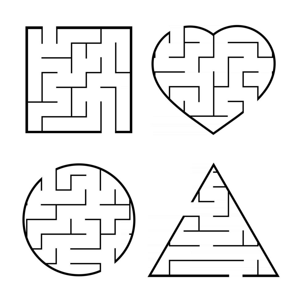 A set of easy mazes. Circle, square, triangle, heart. Game for kids. Puzzle for children. One entrances, one exit. Labyrinth conundrum. Flat vector illustration isolated on white background.